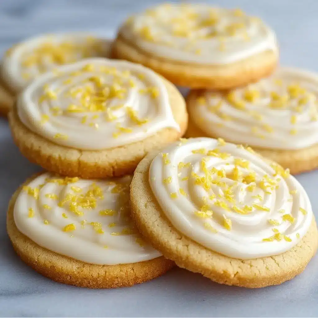 Plate of delicious lemon frosted cookies with vibrant lemon icing on top