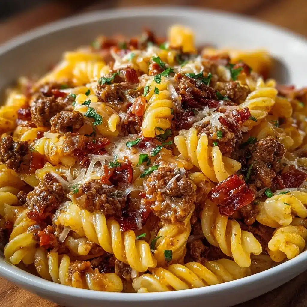 Loaded Bacon Cheeseburger Pasta You'll Crave Again and Again 3 Loaded Bacon Cheeseburger Pasta topped with crispy bacon and cheesy goodness