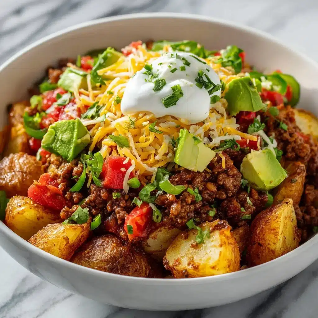 Loaded Potato Taco Bowl with toppings and ingredients in a bowl