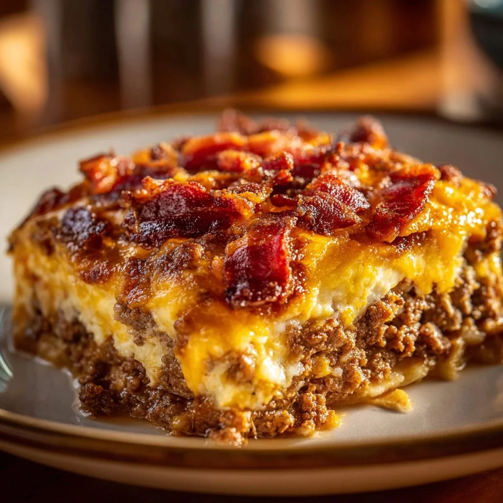 Delicious low-carb bacon cheeseburger casserole served in a dish