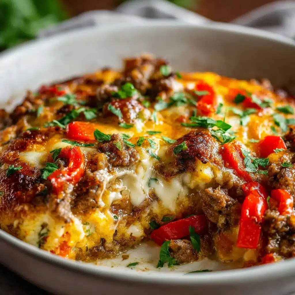 Low Carb Philly Cheesesteak Casserole topped with melted cheese and peppers