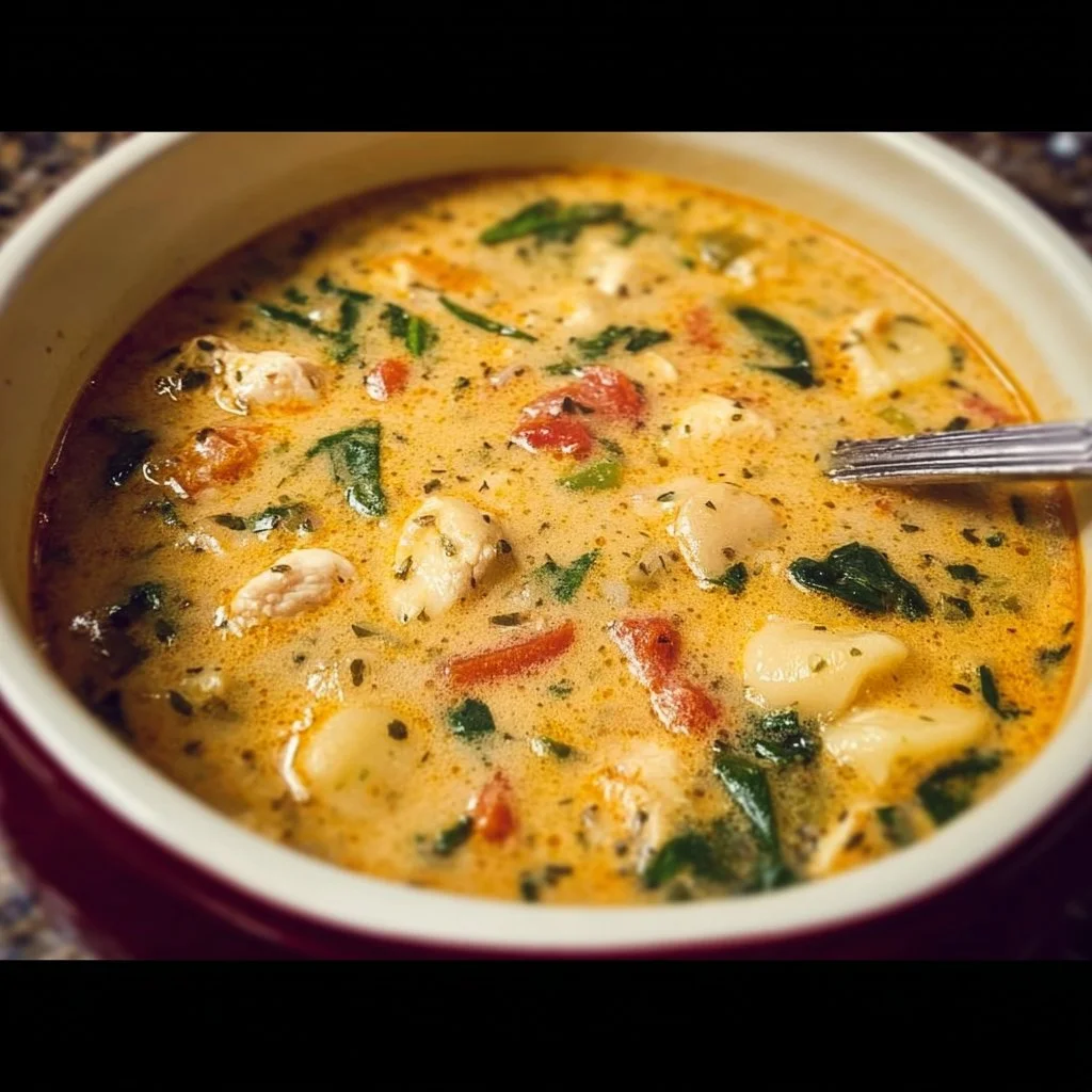 Delicious Marry Me Tuscan Chicken Soup served in a rustic bowl