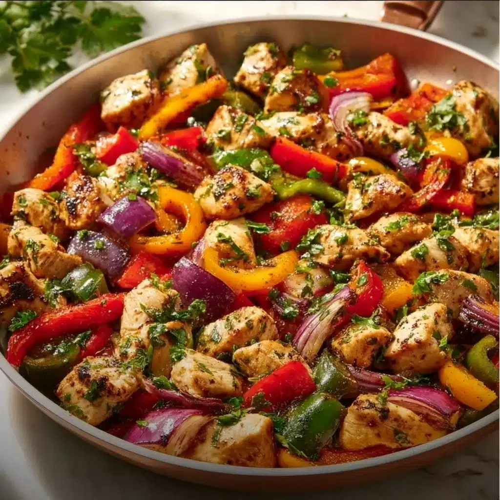 Delicious Mediterranean chicken stir fry served in a bowl with fresh vegetables