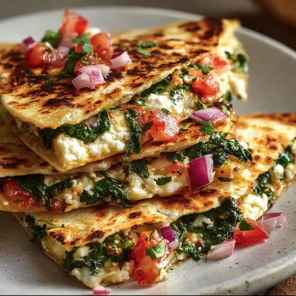 Mediterranean Quesadillas with spinach, feta, mozzarella, and red onion on a plate.