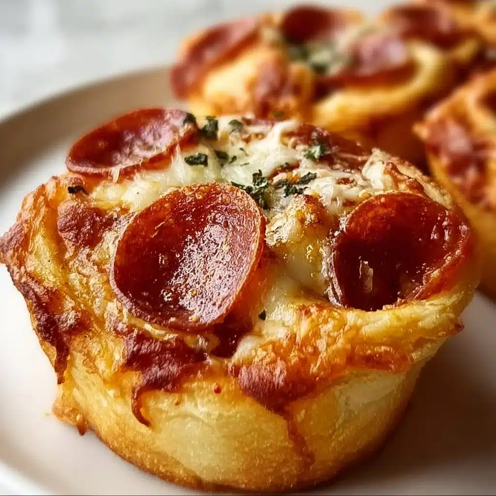 Mini deep dish crescent roll pizzas with toppings on a baking tray