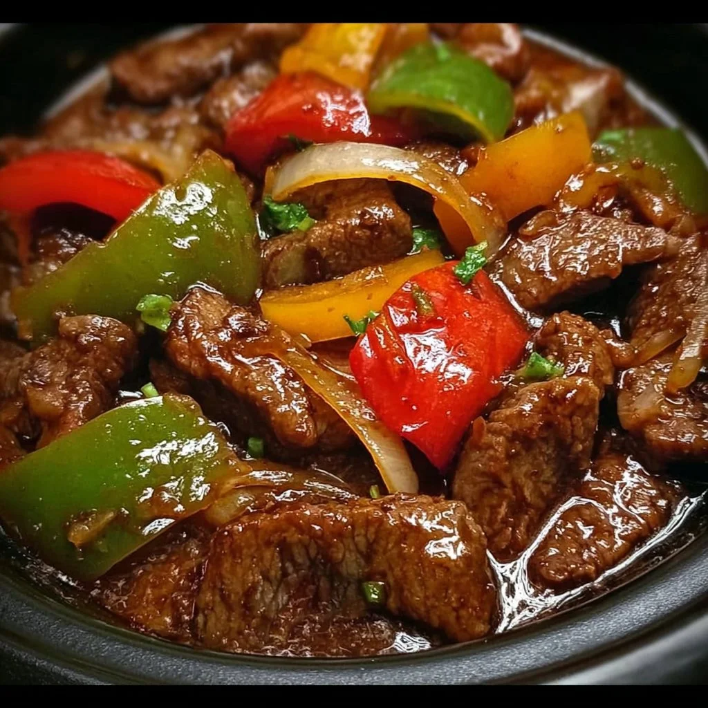 Delicious crock pot pepper steak served with rice and vegetables