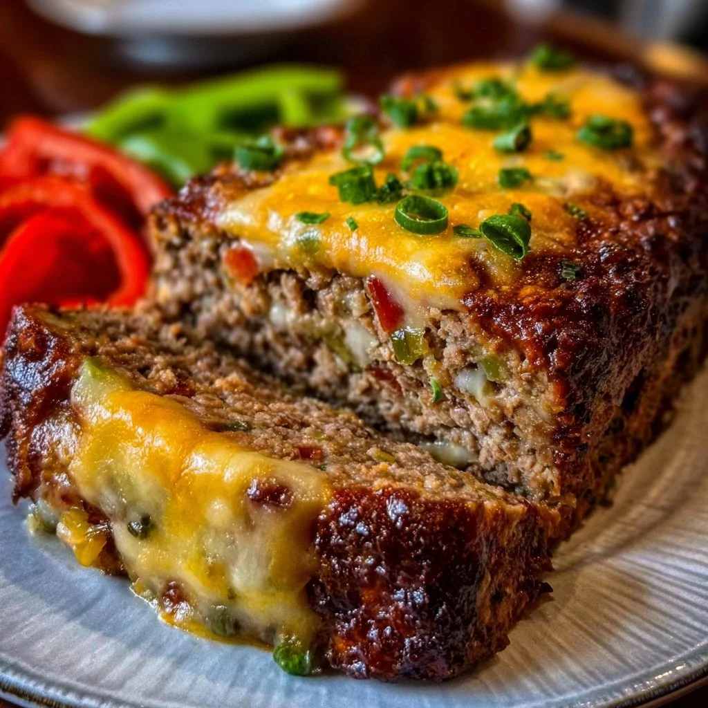 Philly Cheesesteak Meatloaf topped with melted cheese and served with peppers.
