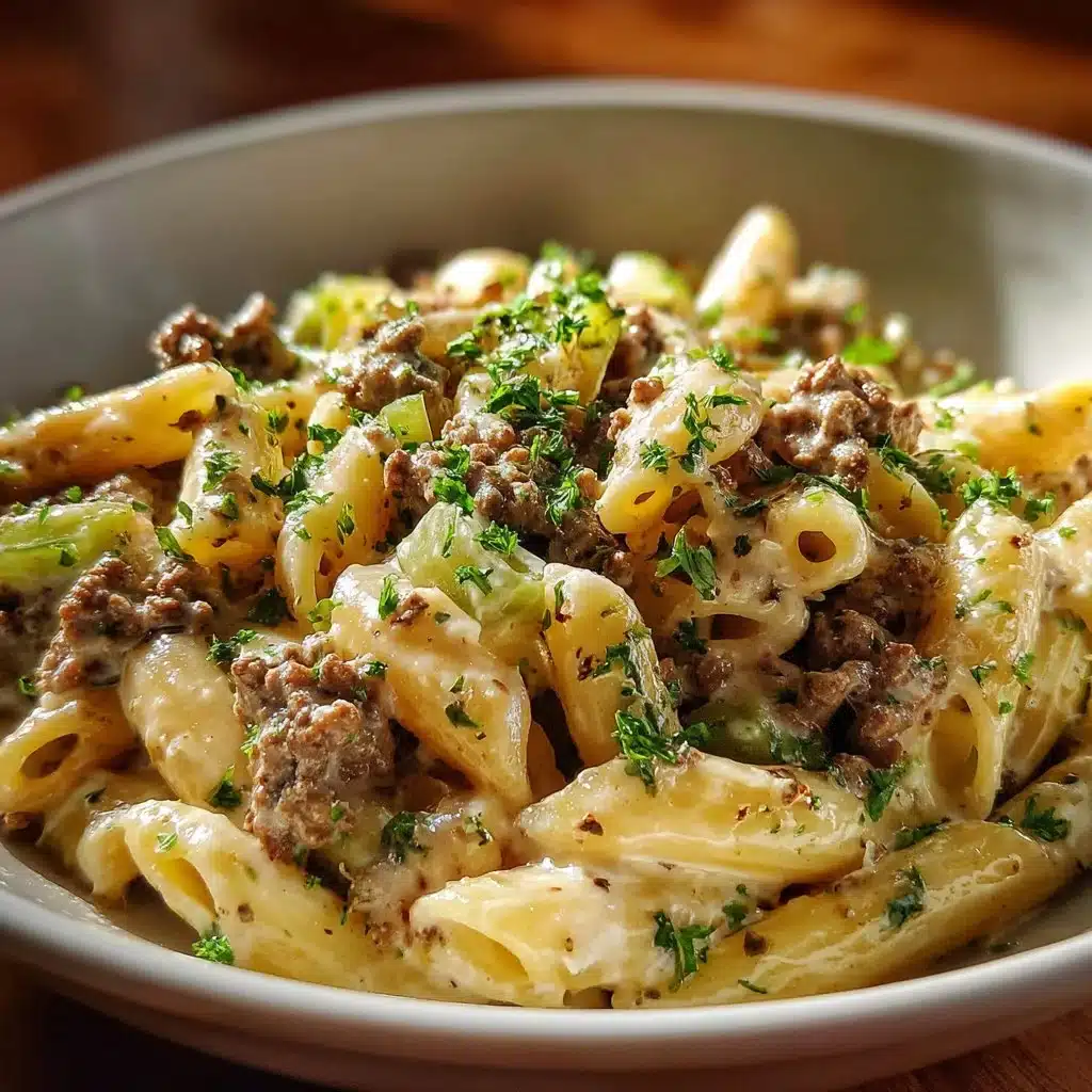 Delicious Philly Cheesesteak Pasta with tender beef and bell peppers