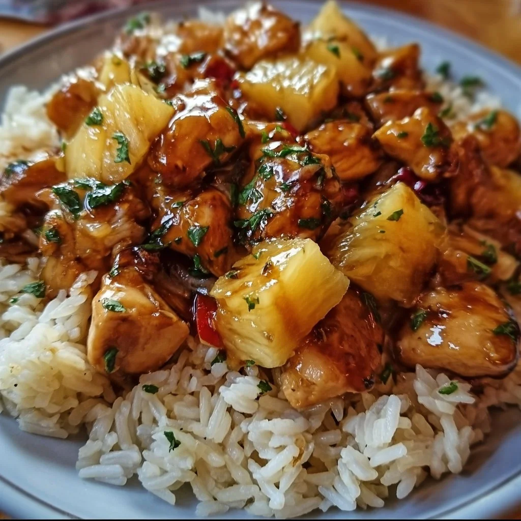 Delicious Pineapple Chicken served with rice, showcasing sweet and savory flavors.