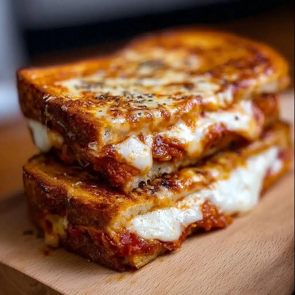 Delicious Pizza Grilled Cheese sandwich melted with cheese and pizza toppings