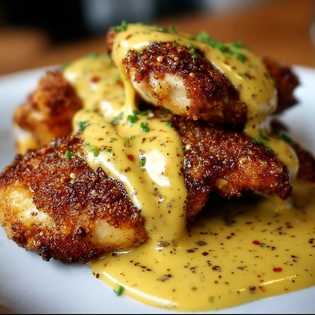 Pretzel Chicken with Mustard-Cheddar Sauce