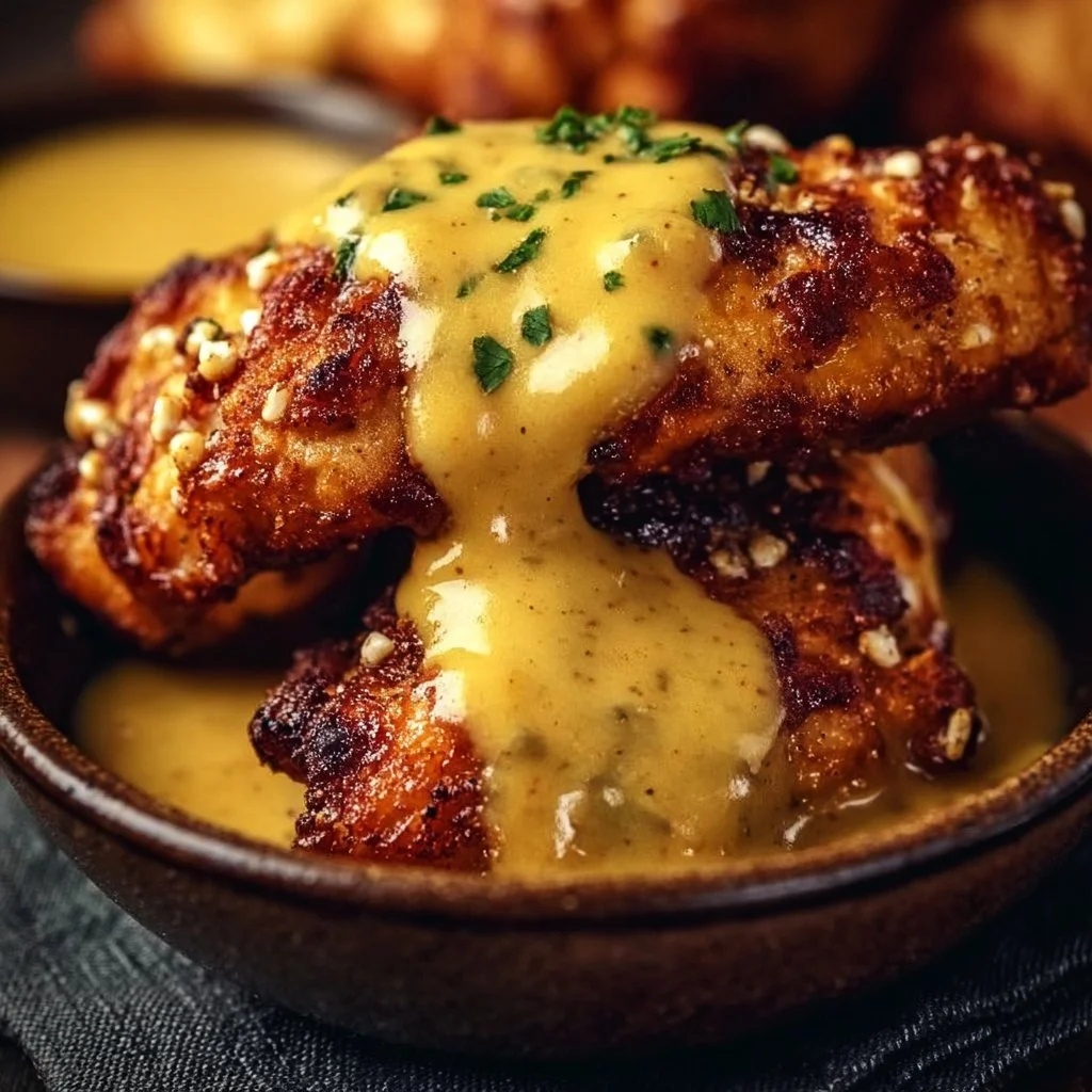 Pretzel Chicken with Mustard-Cheddar Sauce