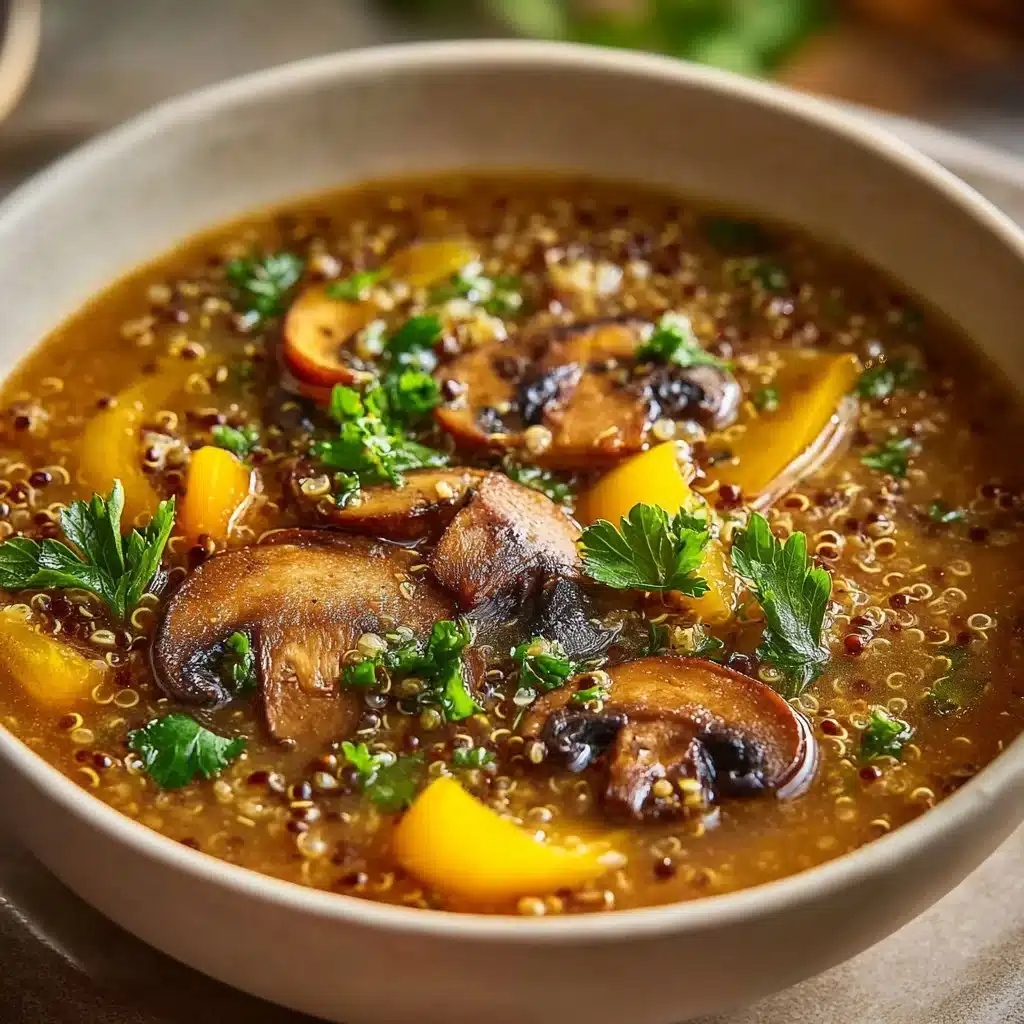 A bowl of protein-packed mushroom quinoa soup garnished with herbs
