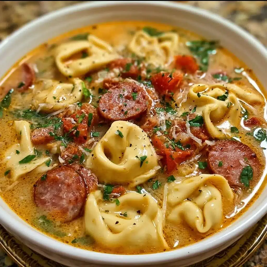 Quick Kielbasa Tortellini Soup 3 Bowl of Quick Kielbasa Tortellini Soup topped with herbs.