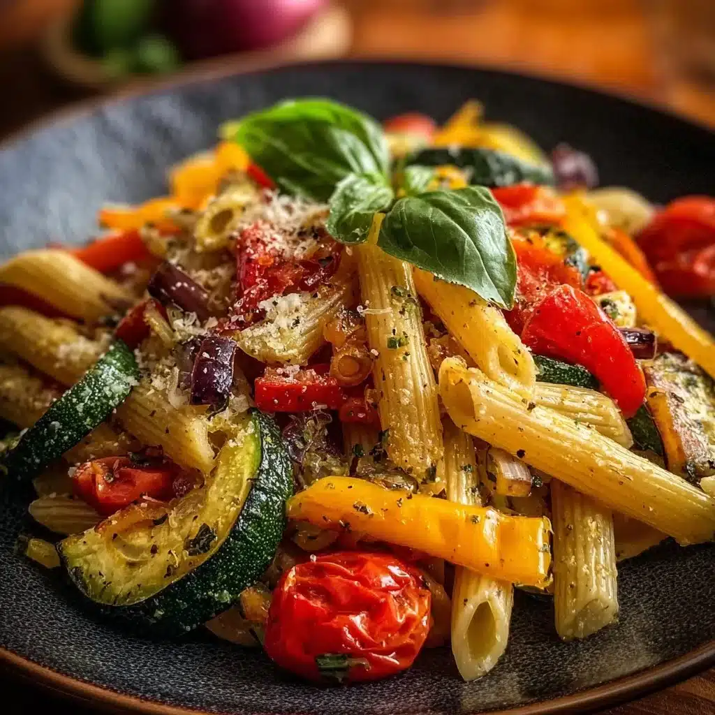 Plate of roasted vegetable pasta with colorful veggies and herbs