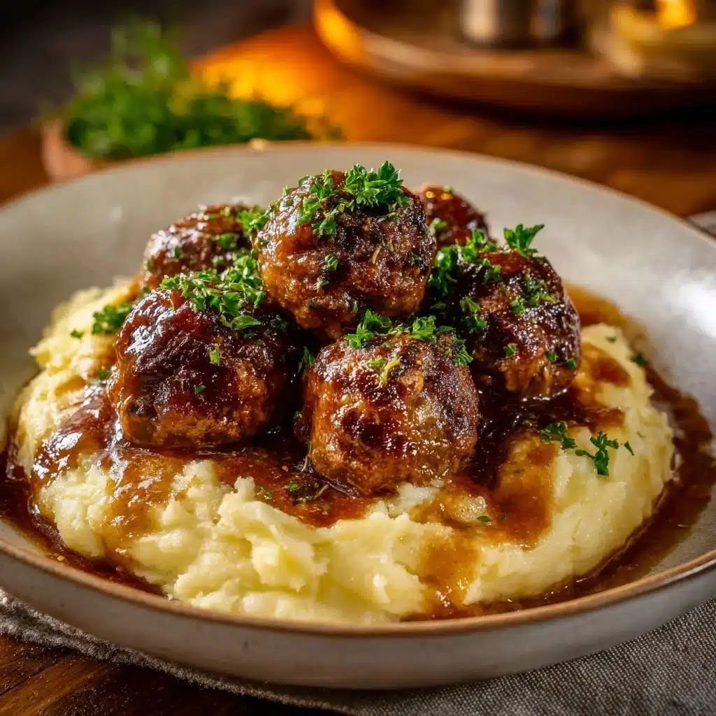 Salisbury steak meatballs served with garlic herb mashed potatoes