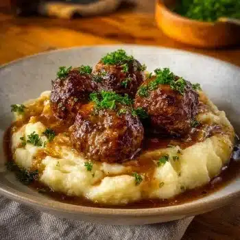 Salisbury Steak Meatballs with Garlic Herb Mashed Potatoes