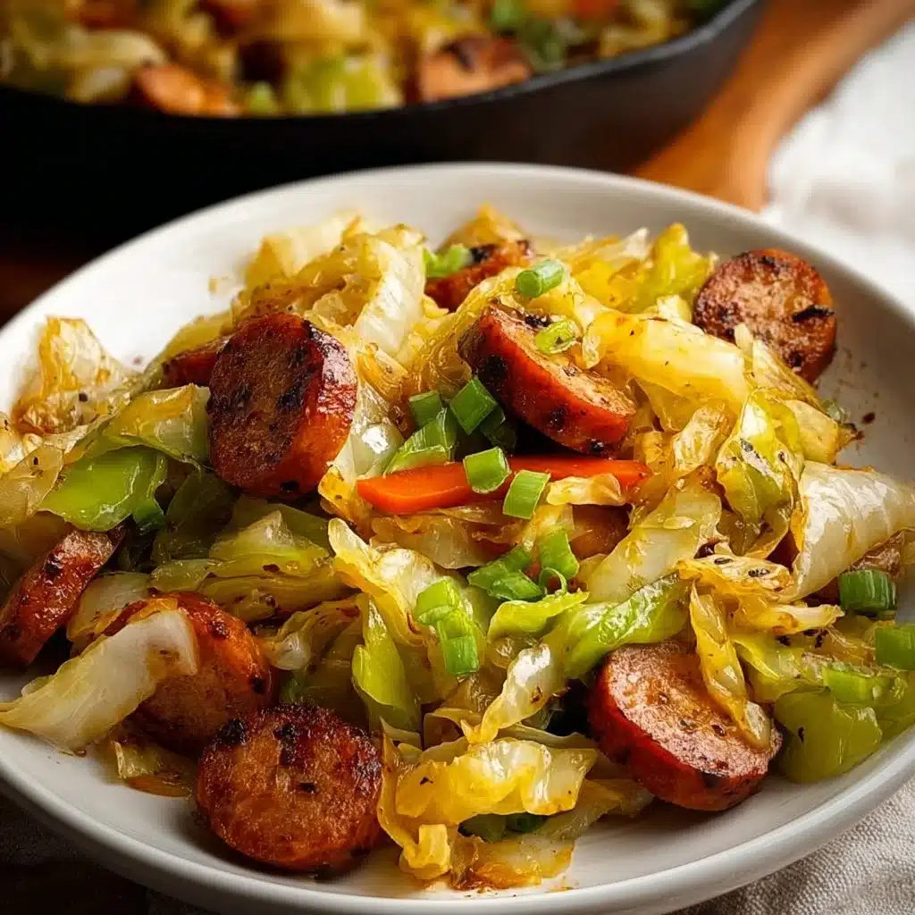 Sausage and Cabbage Stir Fry 3 Sausage and cabbage stir fry in a skillet, a quick healthy meal option.