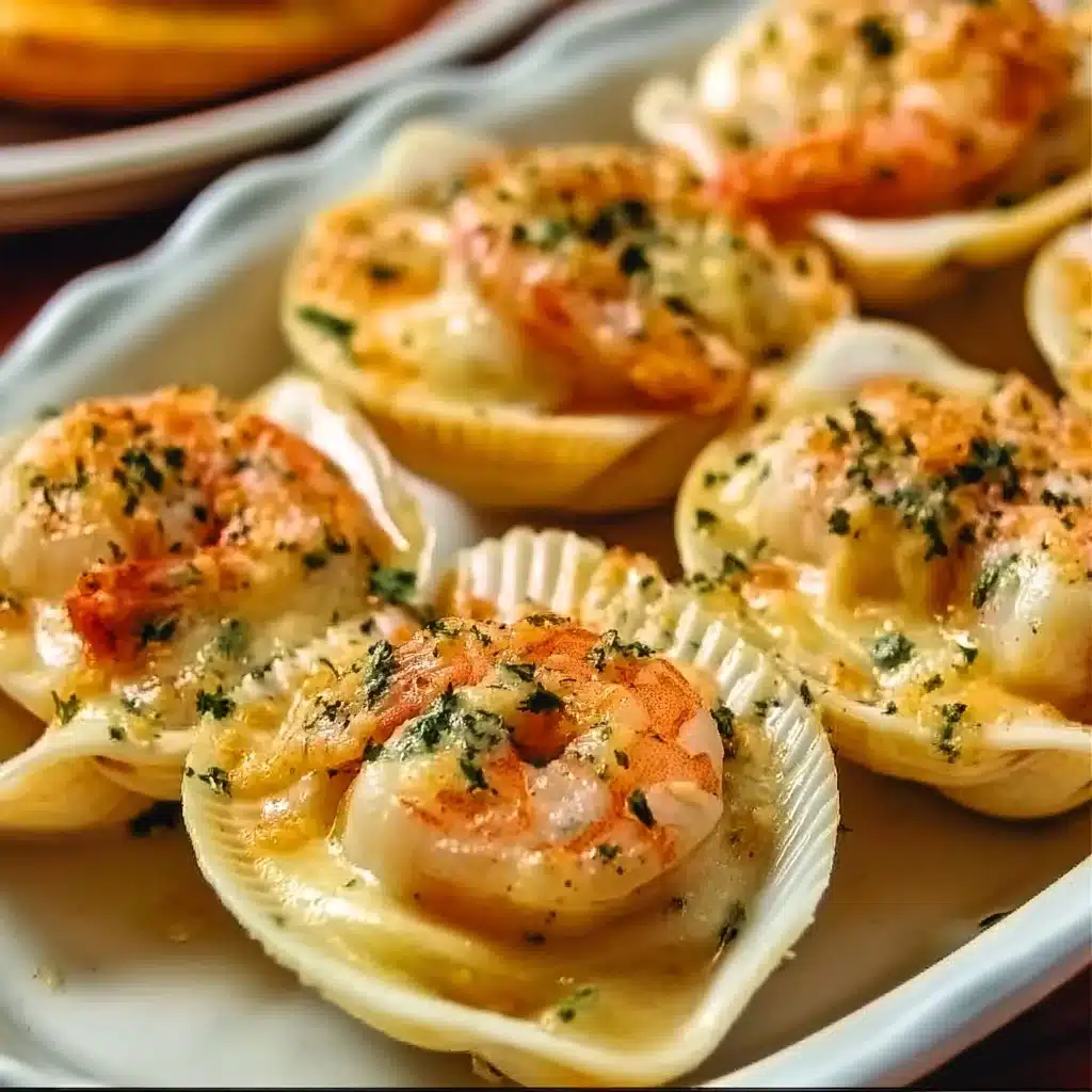 Seafood Stuffed Shells 3 Baked Seafood Stuffed Shells topped with cheese and herbs, garnished for serving.
