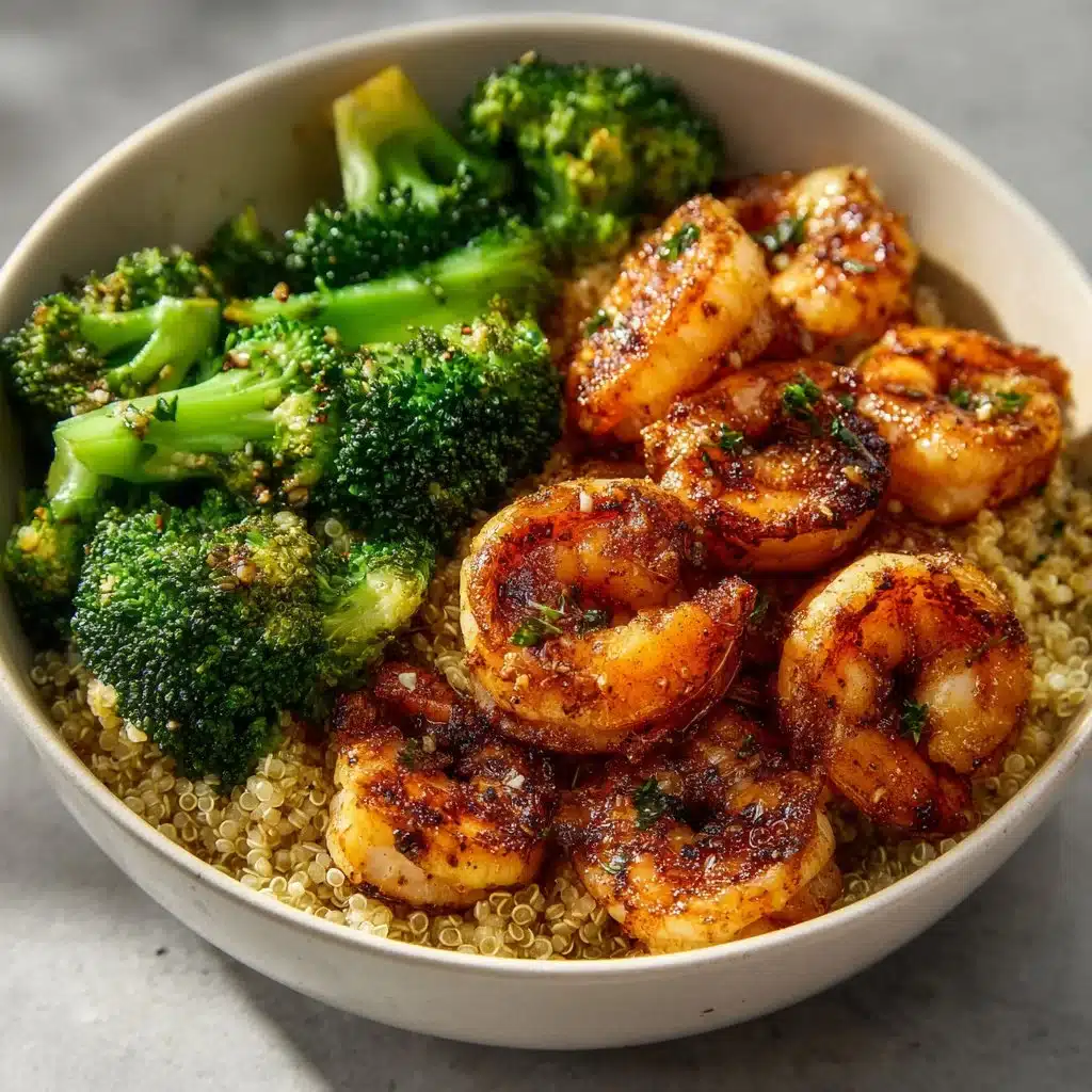Shrimp quinoa bowl garnished with fresh vegetables and herbs.