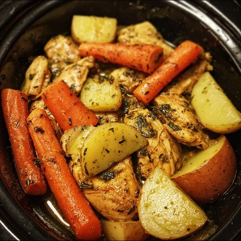 Slow Cooker Garlic Butter Chicken with vegetables in a bowl