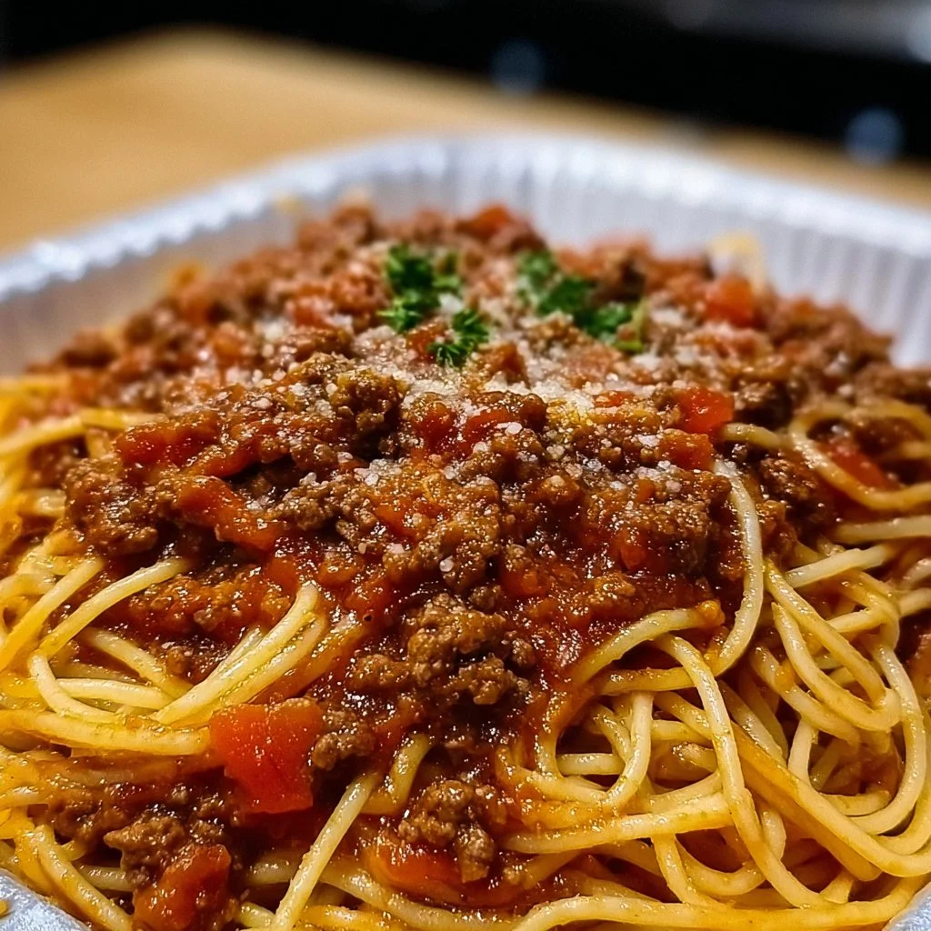 Plate of spaghetti topped with rich meat sauce and fresh basil.