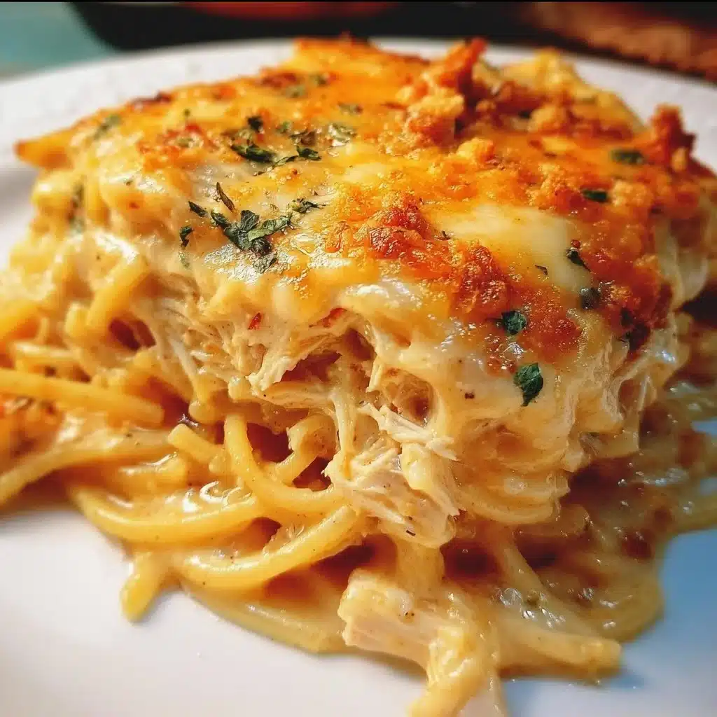 Delicious spicy Southern cheesy chicken spaghetti casserole ready to serve