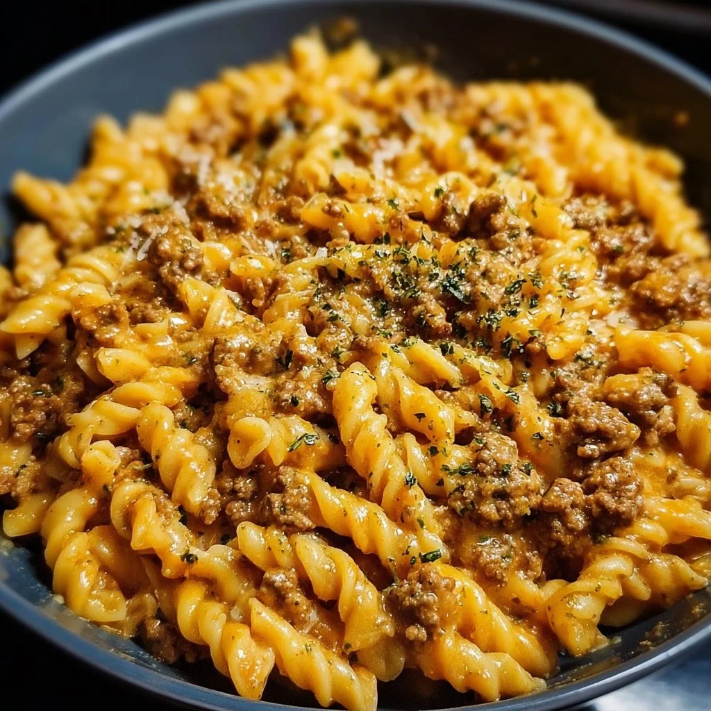 Stovetop creamy ground beef pasta prepared in a skillet with fresh ingredients.