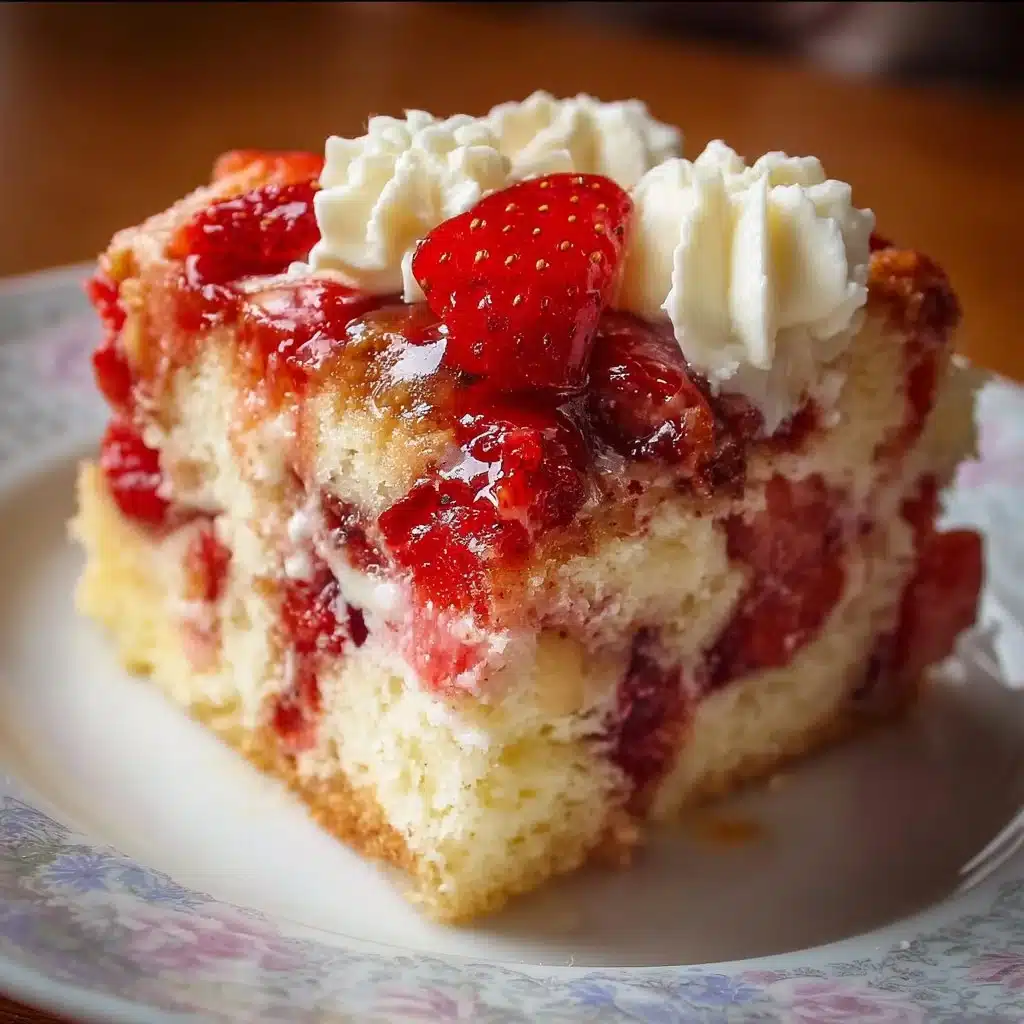 Delicious Strawberry Earthquake Cake topped with strawberries and cream