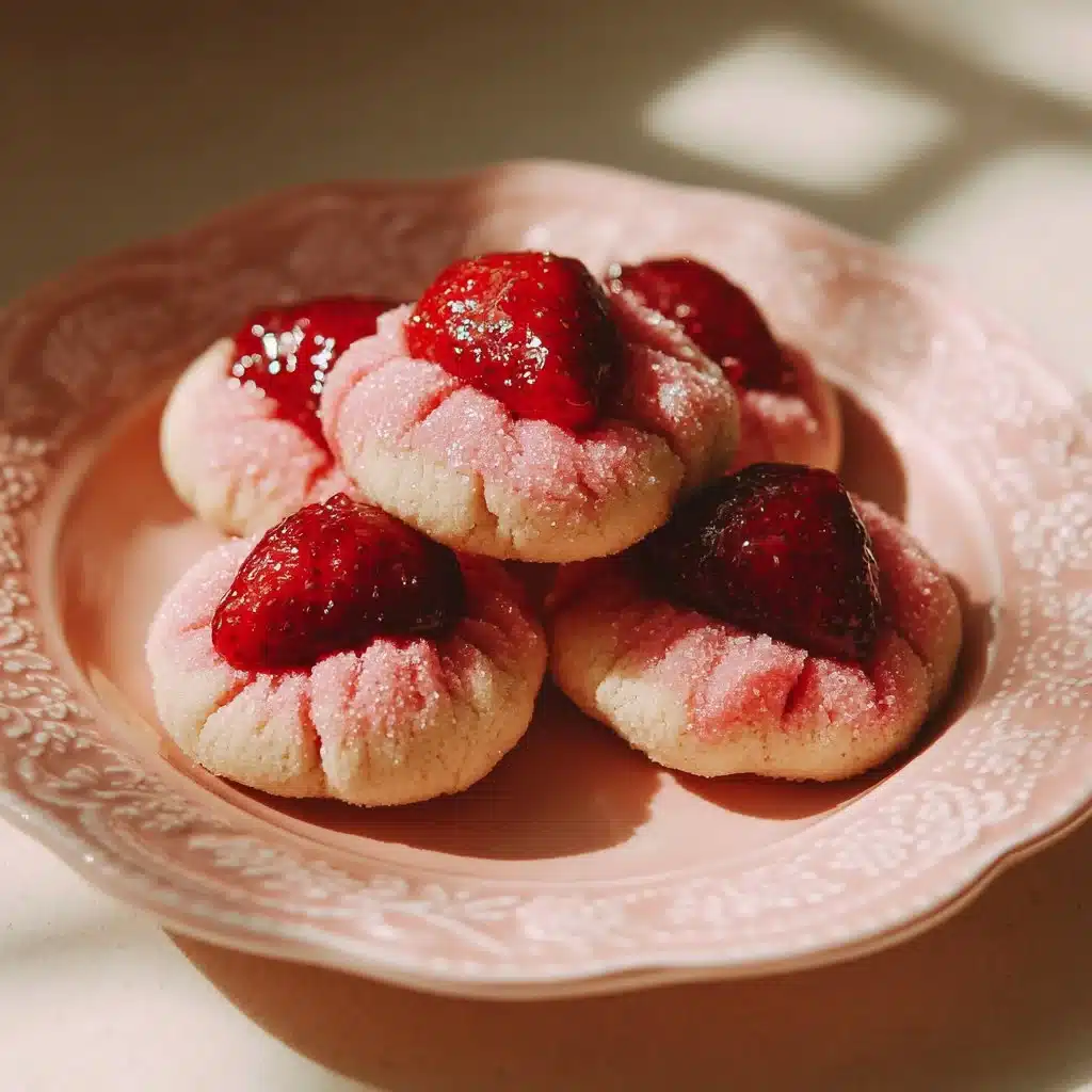 Freshly baked Strawberry Kiss Cookies topped with strawberry kisses.
