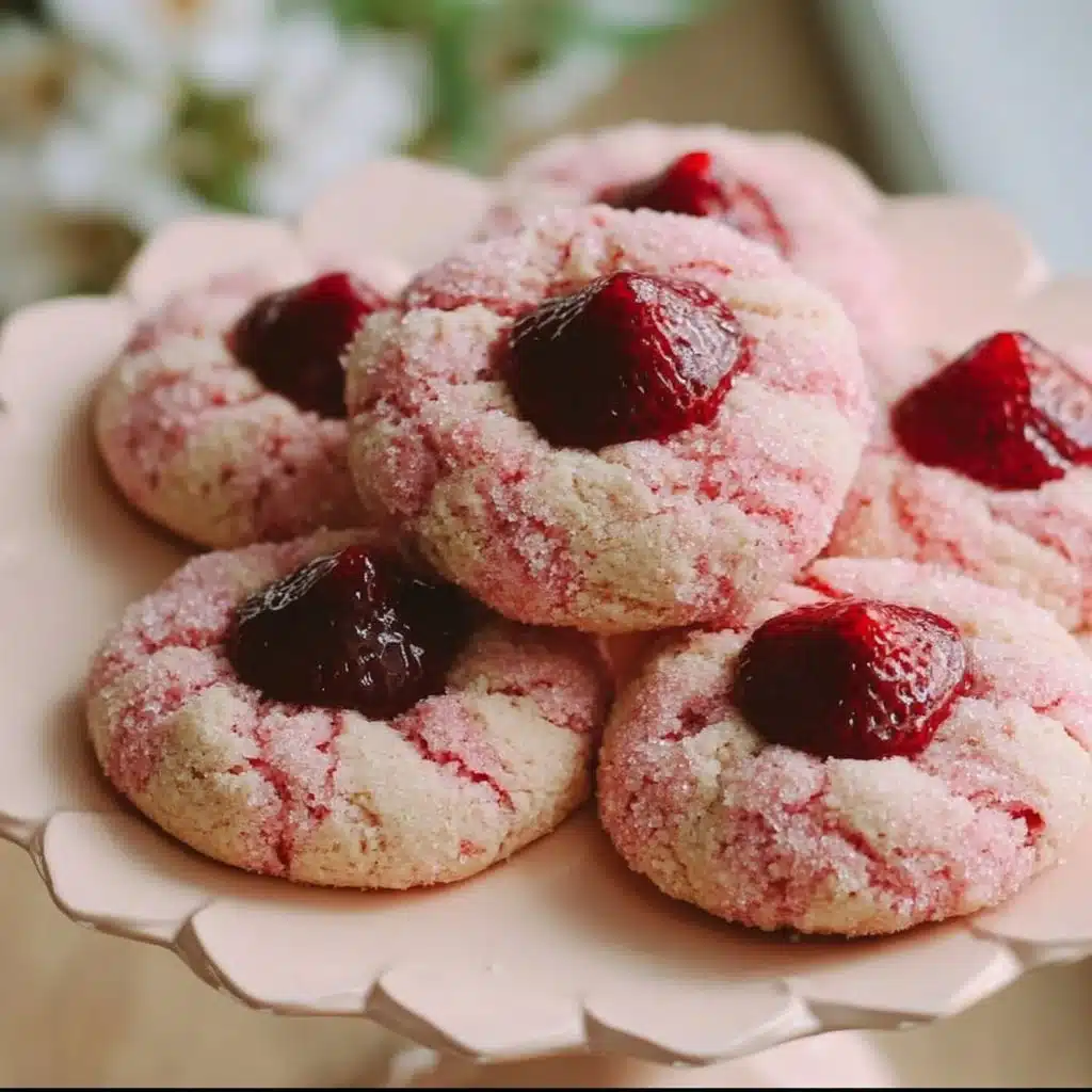 Freshly baked Strawberry Kiss Cookies topped with strawberry kisses