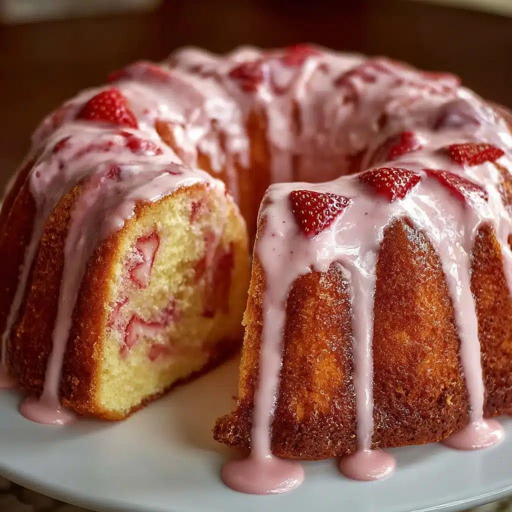 Delicious slice of strawberry milkshake pound cake with fresh strawberries on top.