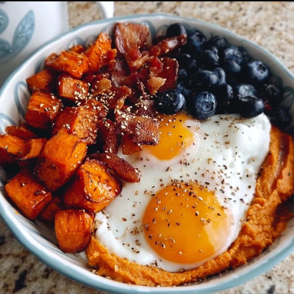 Healthy sweet potato breakfast bowls topped with fruits and nuts