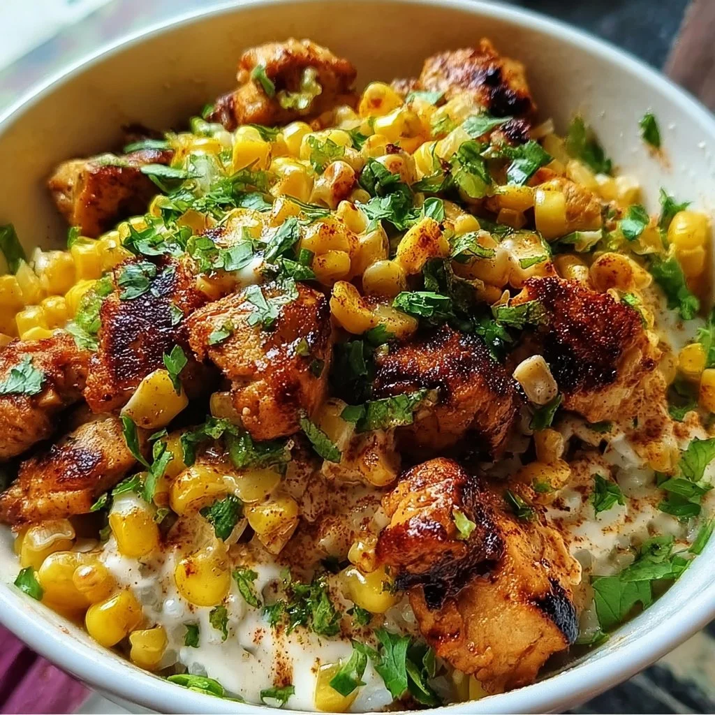 A delicious street corn chicken bowl topped with fresh ingredients and spices.