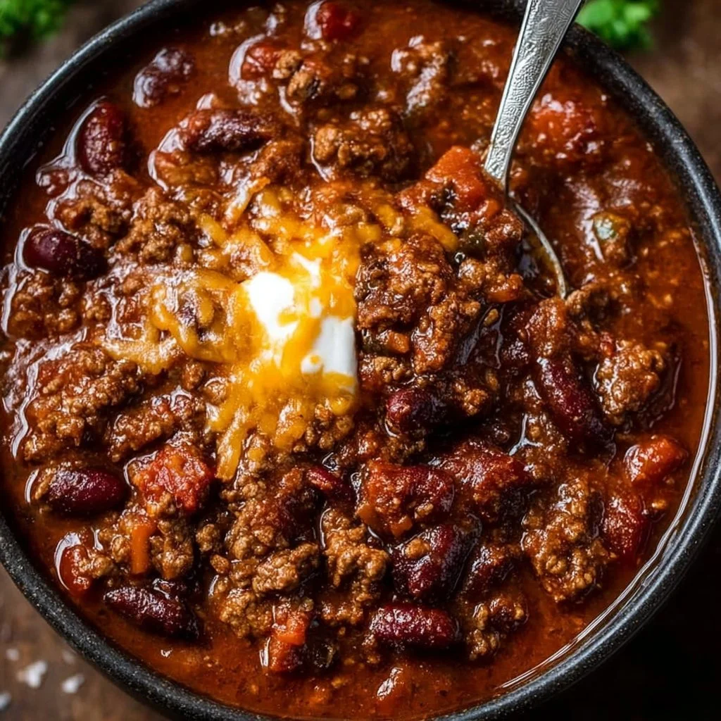 Homemade chili recipe with ground beef, beans, and chili spices in a bowl.