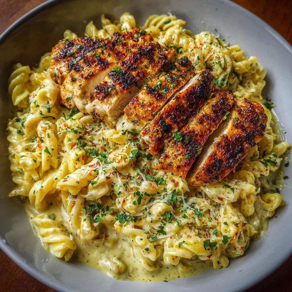Creamy garlic parmesan chicken pasta served in a bowl with herbs.