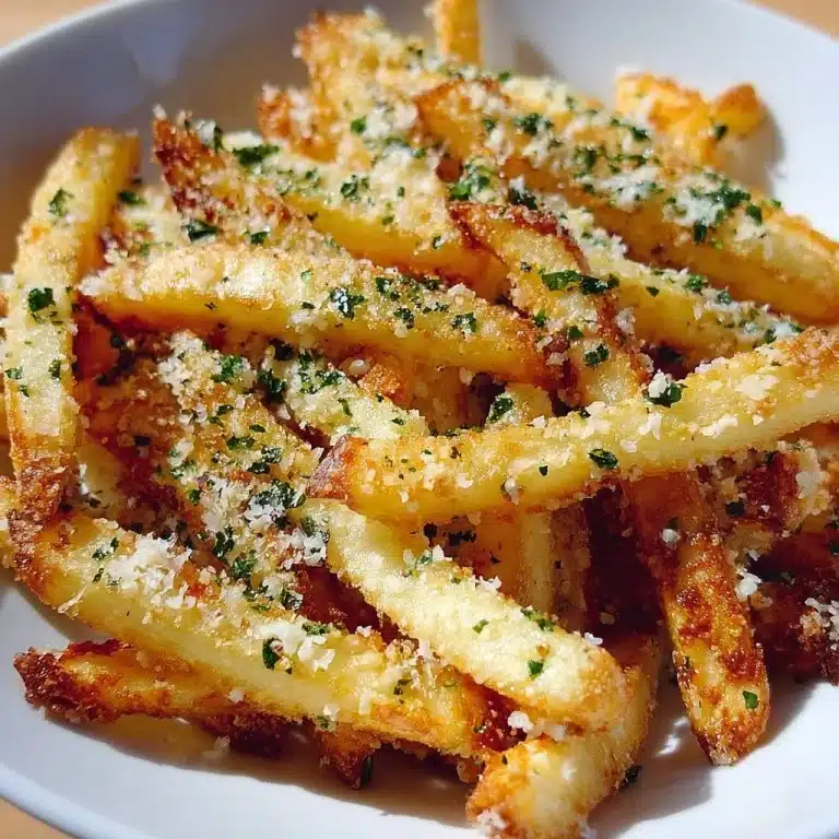 Air Fryer Garlic Parmesan Fries 3 Crispy air fryer garlic parmesan fries served in a bowl with herbs on top