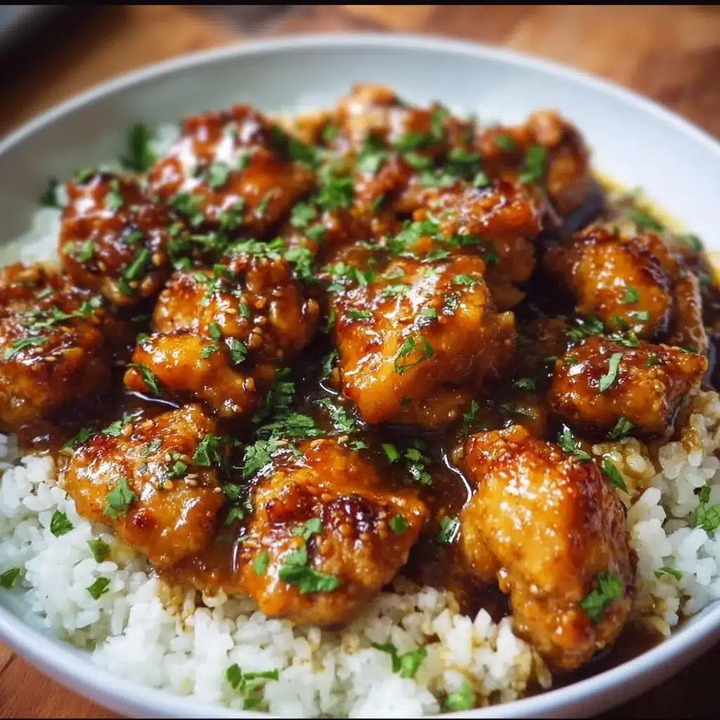 Plate of honey garlic chicken drizzled with sauce, garnished with green onions.