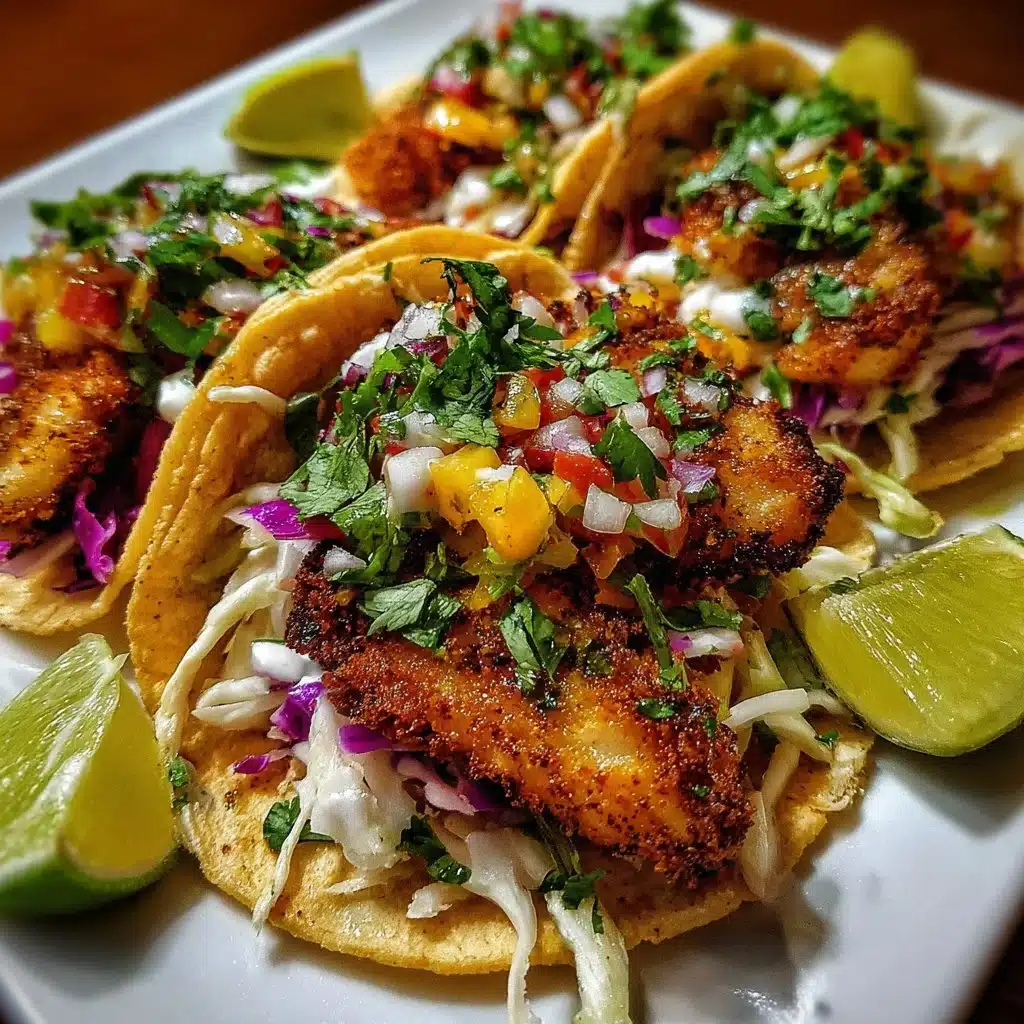 Home 8 Delicious Baja Fish Tacos served with fresh toppings and salsa.