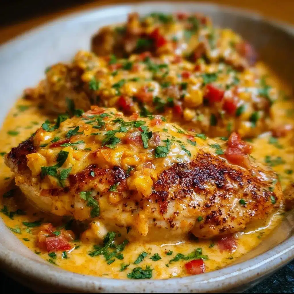 Delicious Baked Queso Chicken topped with creamy cheese and colorful peppers