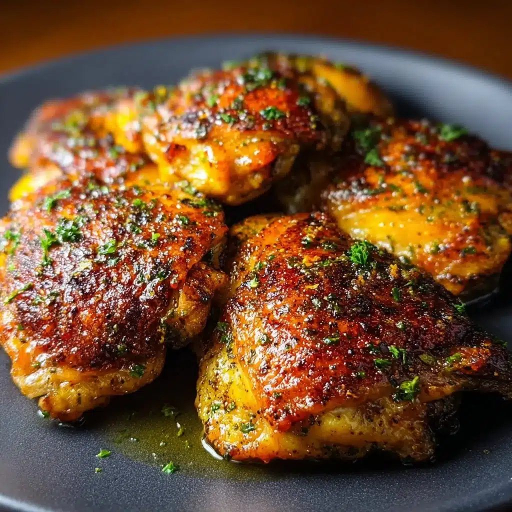 Baked Ranch Chicken Thighs 3 Baked ranch chicken thighs served with herbs and spices on a plate