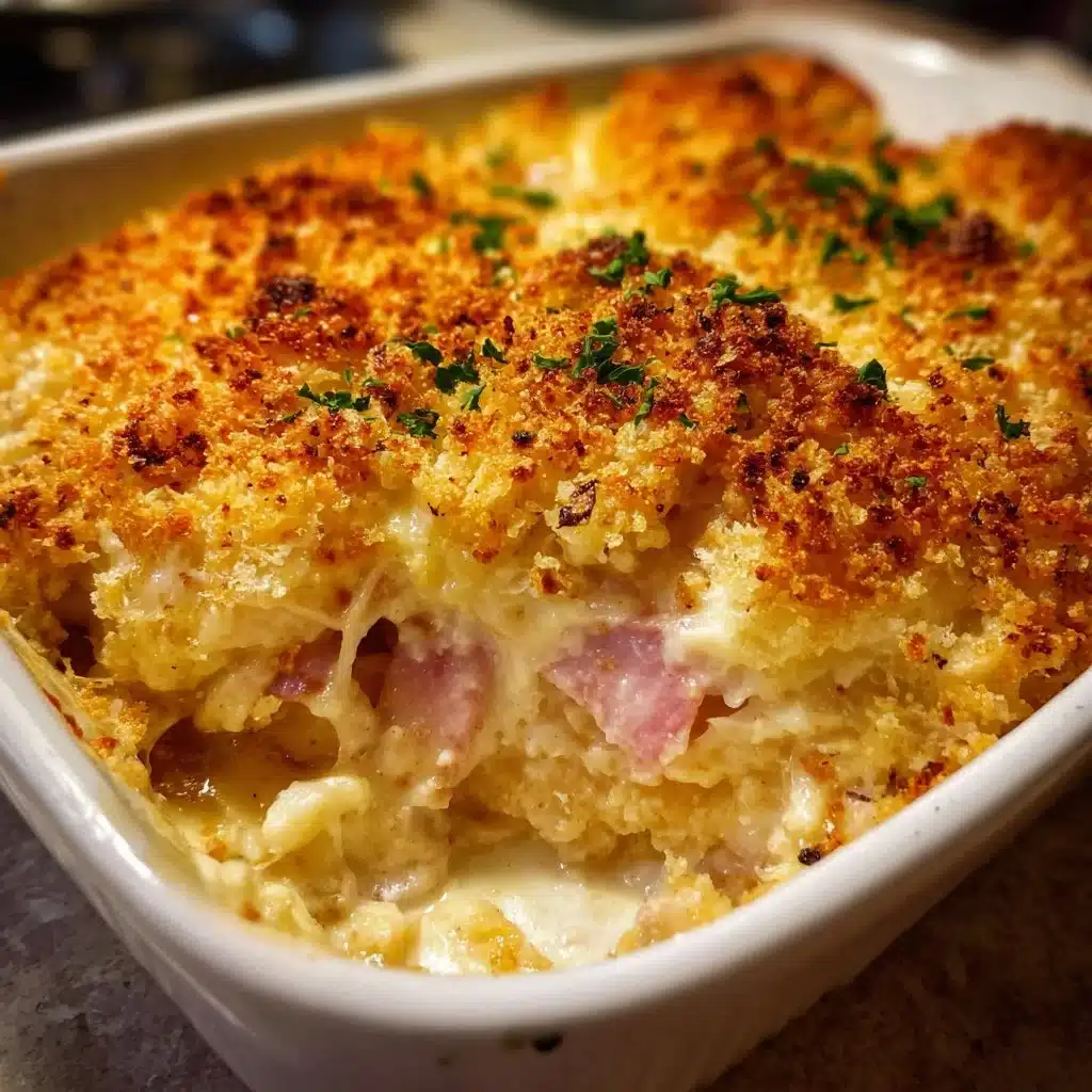 Delicious Chicken Cordon Bleu casserole topped with melted cheese and herbs