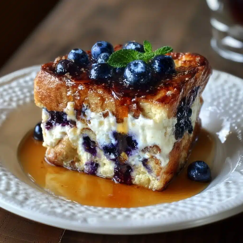 Blueberry Cream Cheese French Toast Casserole topped with fresh blueberries