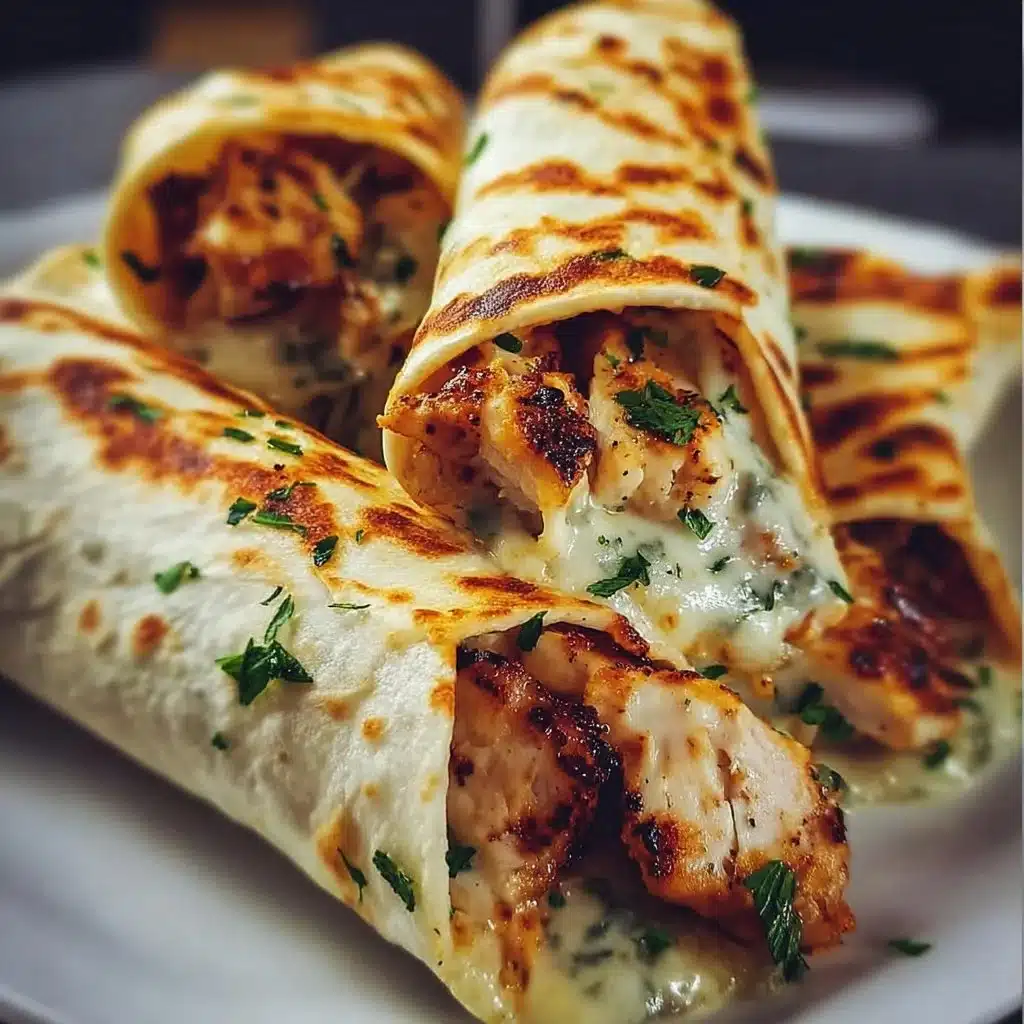 Cheesy Garlic Chicken Wraps 3 Cheesy garlic chicken wraps with fresh ingredients and melted cheese