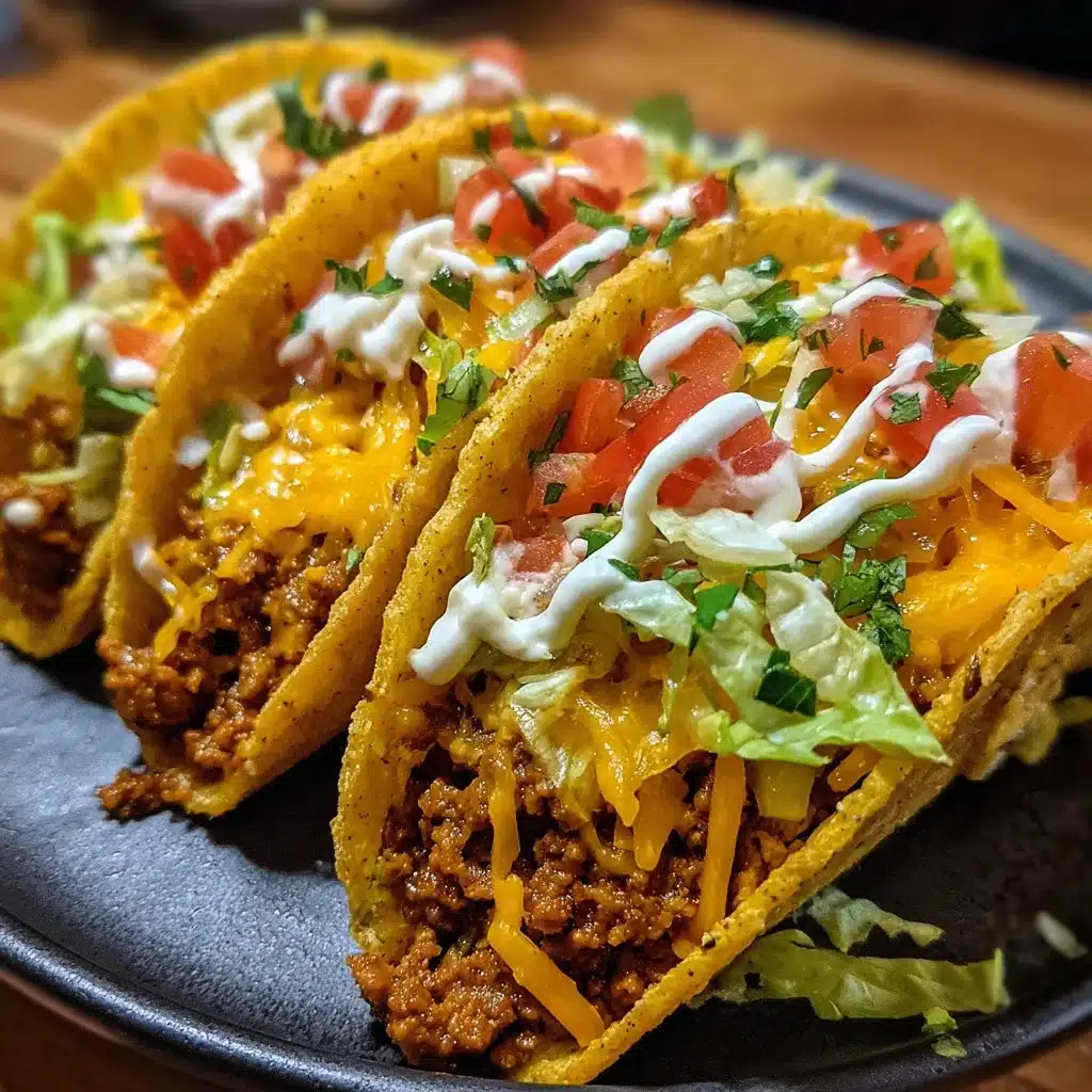 Home 7 Cheesy Taco topped with creamy sauce, perfect for taco enthusiasts.
