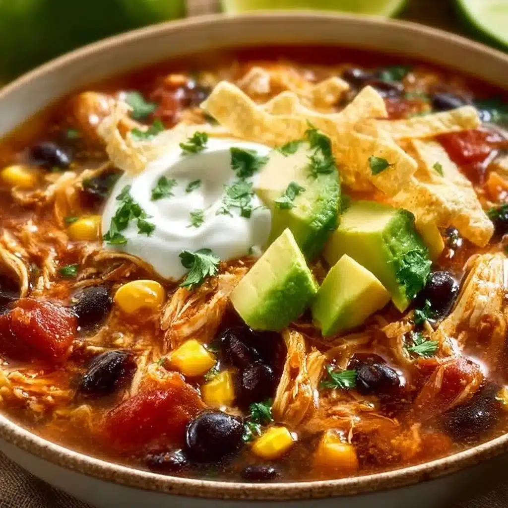 Bowl of Chicken Taco Soup with toppings