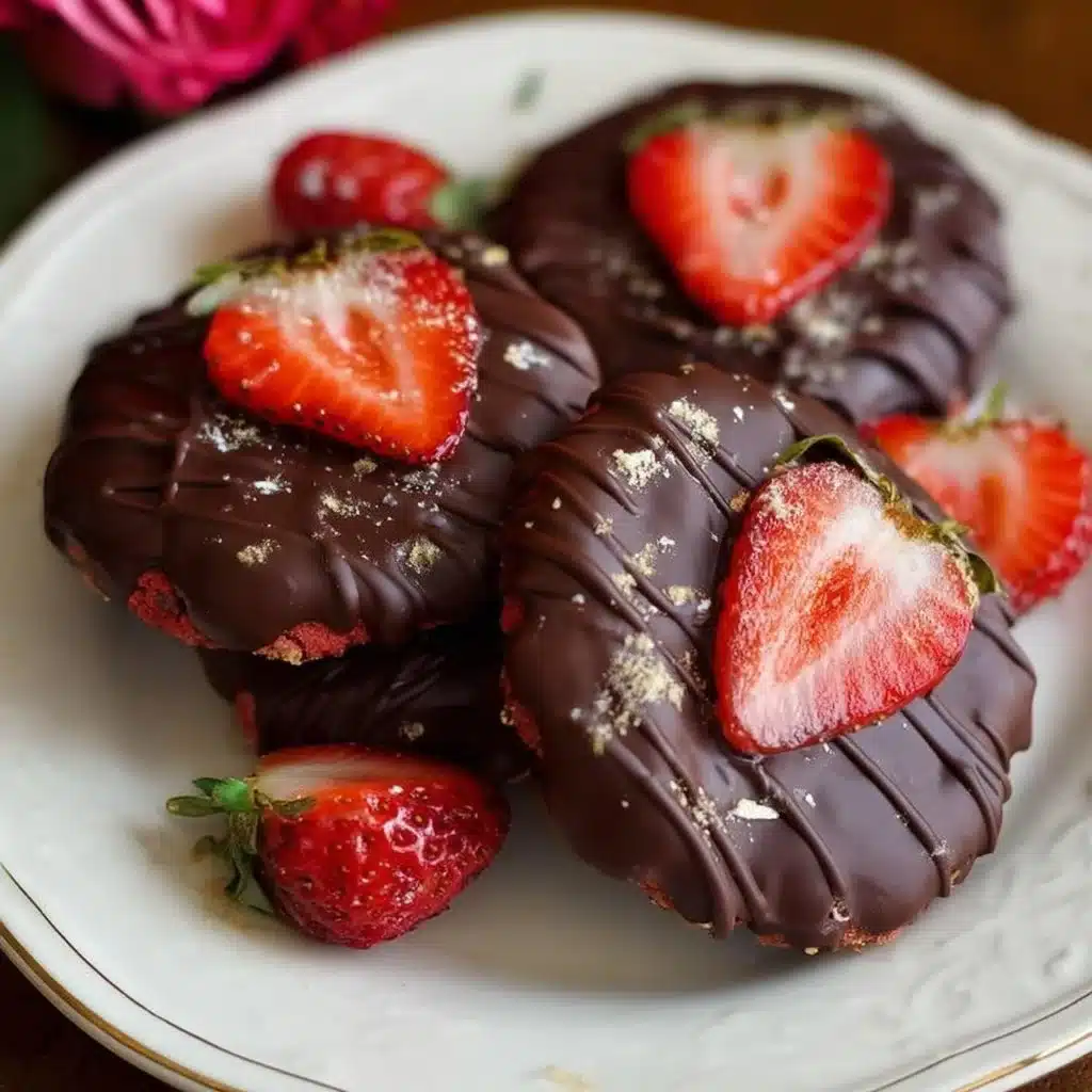 Home 5 Delicious chocolate-covered strawberry cookies on a plate with fresh strawberries.