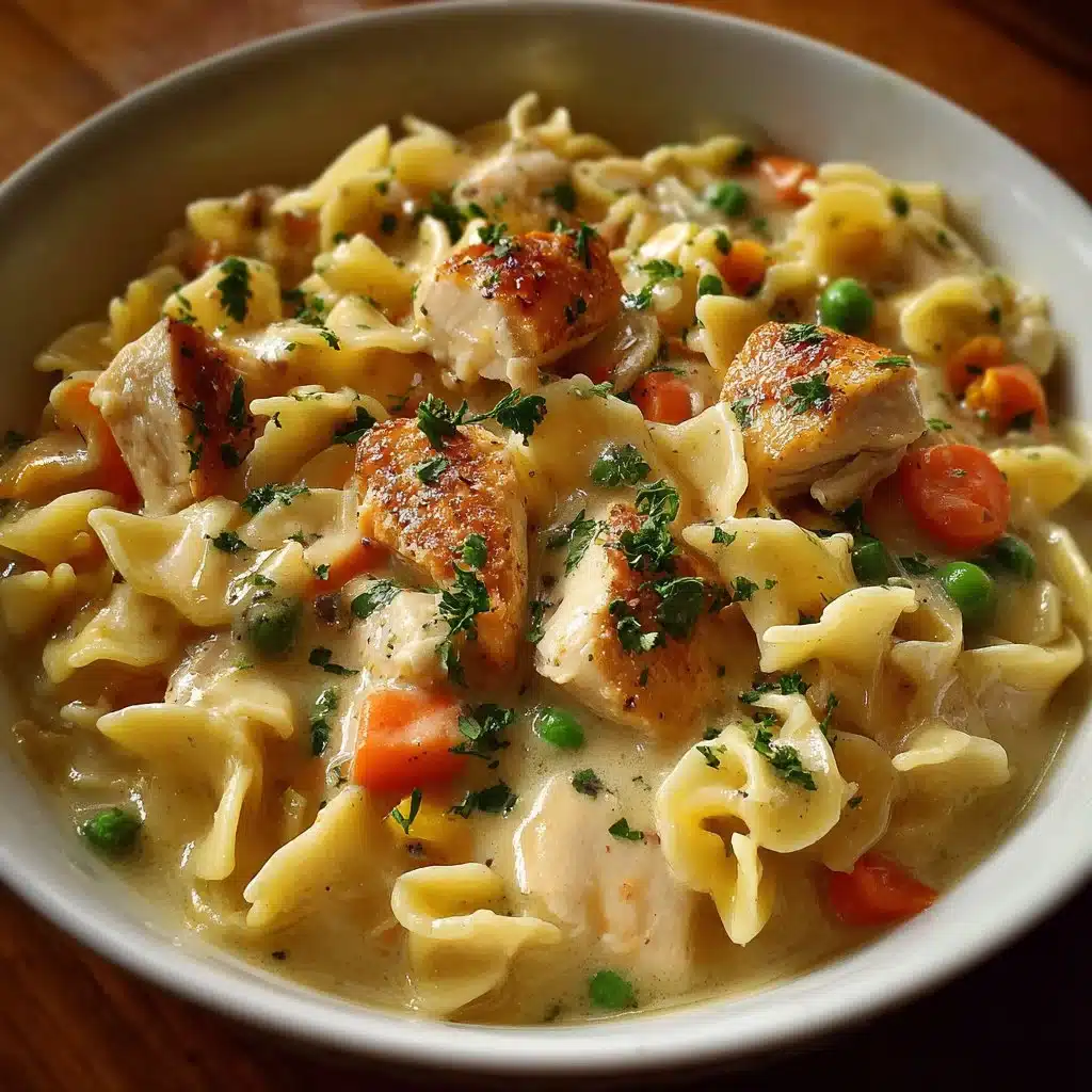 A creamy and comforting classic chicken pot pie pasta dish garnished with vegetables.