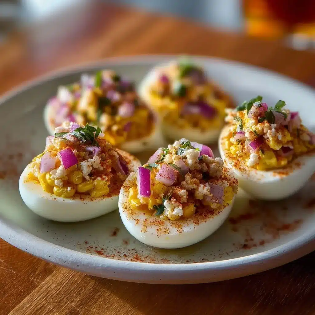 Delicious Corn Elote Deviled Eggs garnished with cilantro and chili powder