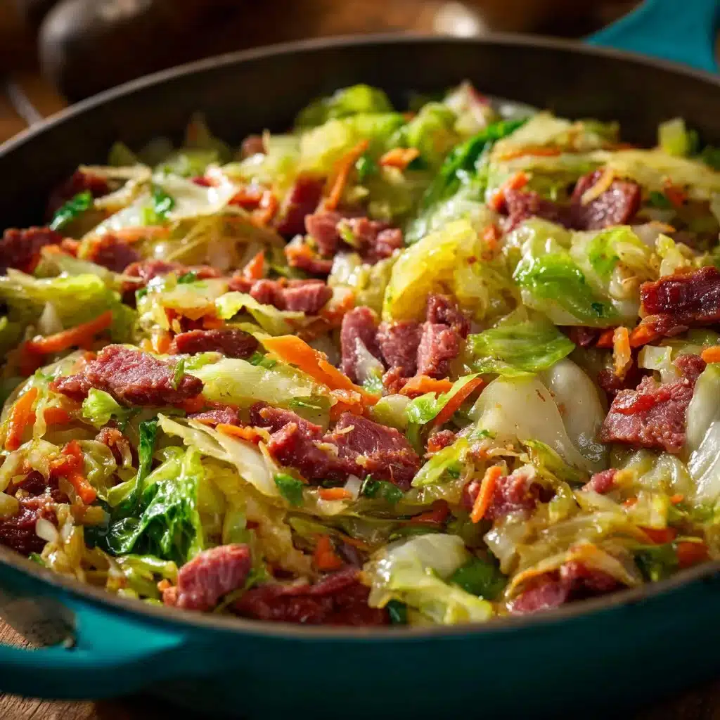 Delicious corned beef and cabbage skillet served with vegetables.